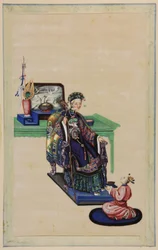 Alte Frau mit kniendem Diener